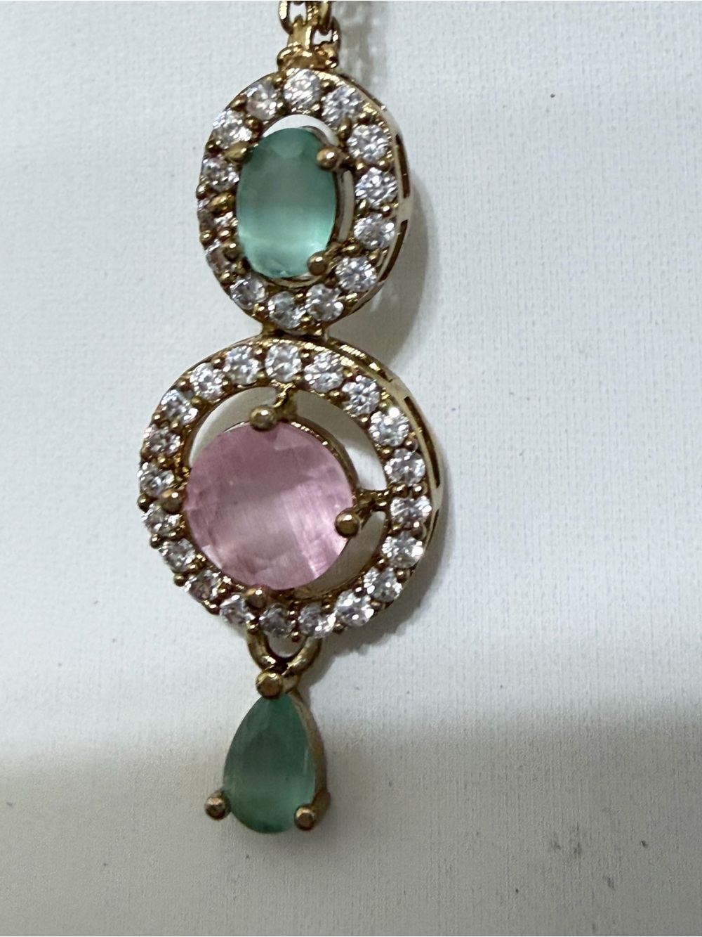 Gold-tone Pink and Mint Oval Crystal Necklace & Earring Set with Monalisa Stone - Picture 4 of 6